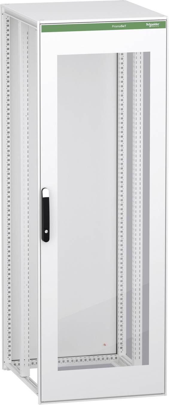 Weiße Schaltschrank von Schneider Electric mit einer vorderen Glastür und perforierten Seitenpaneelen, teilweise offen gezeigt, um den internen Montageraum zu zeigen.