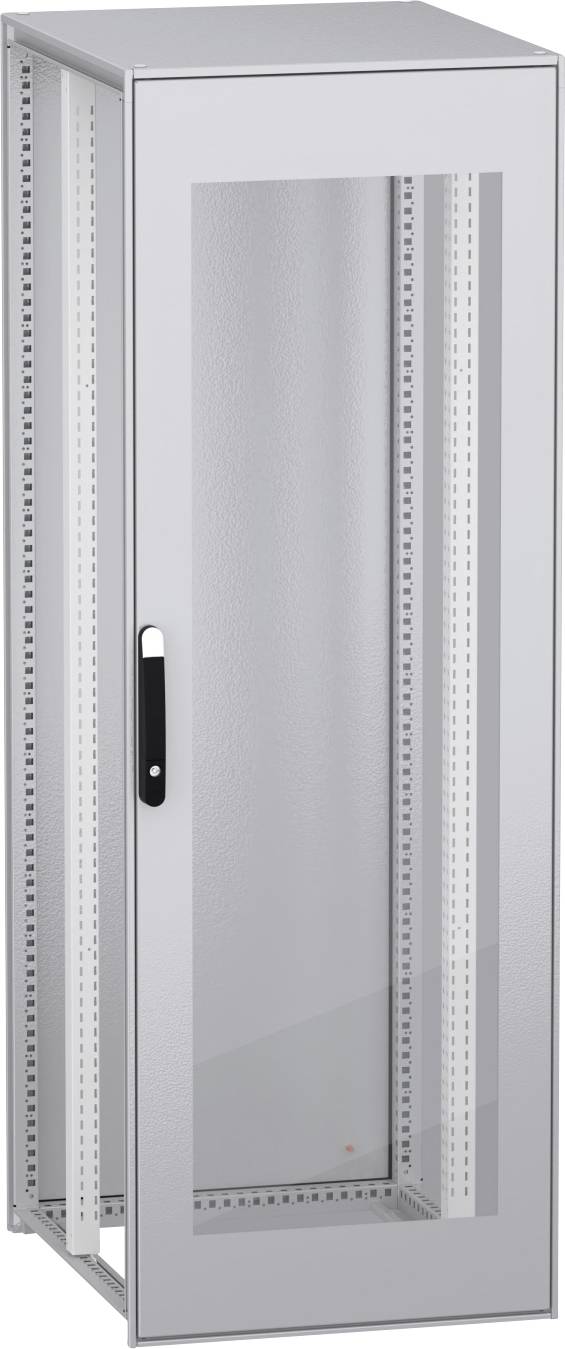Hohes graues Server-Rack-Schrank mit Glastür, teilweise geöffnet, um Innenmontagesschienen und belüftete Seiten zu zeigen.