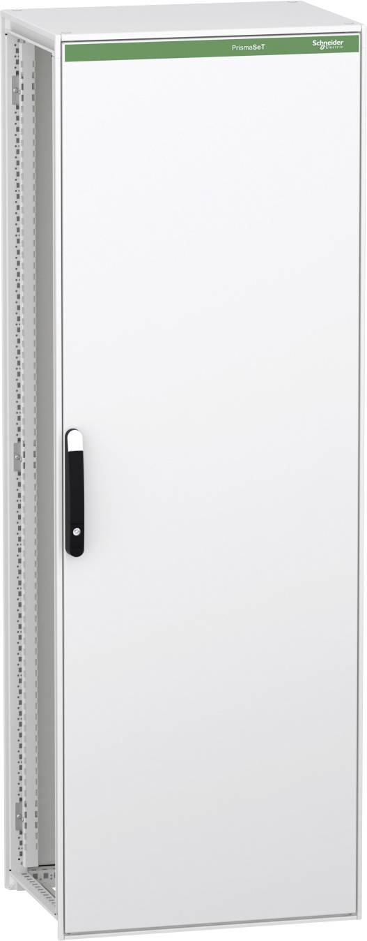 Großer weißer gewerblicher Kühlschrank oder Lagerschrank mit schwarzem Griff und grünem Kopfstreifen.