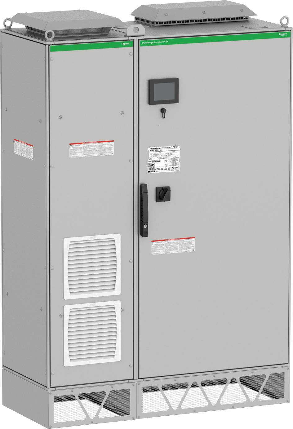 Grauer Industrie-Elektroschaltschrank mit zwei Abteilen, Vordertür, Anzeigetafel, Lüftungsöffnungen und Warnkennzeichnungen.