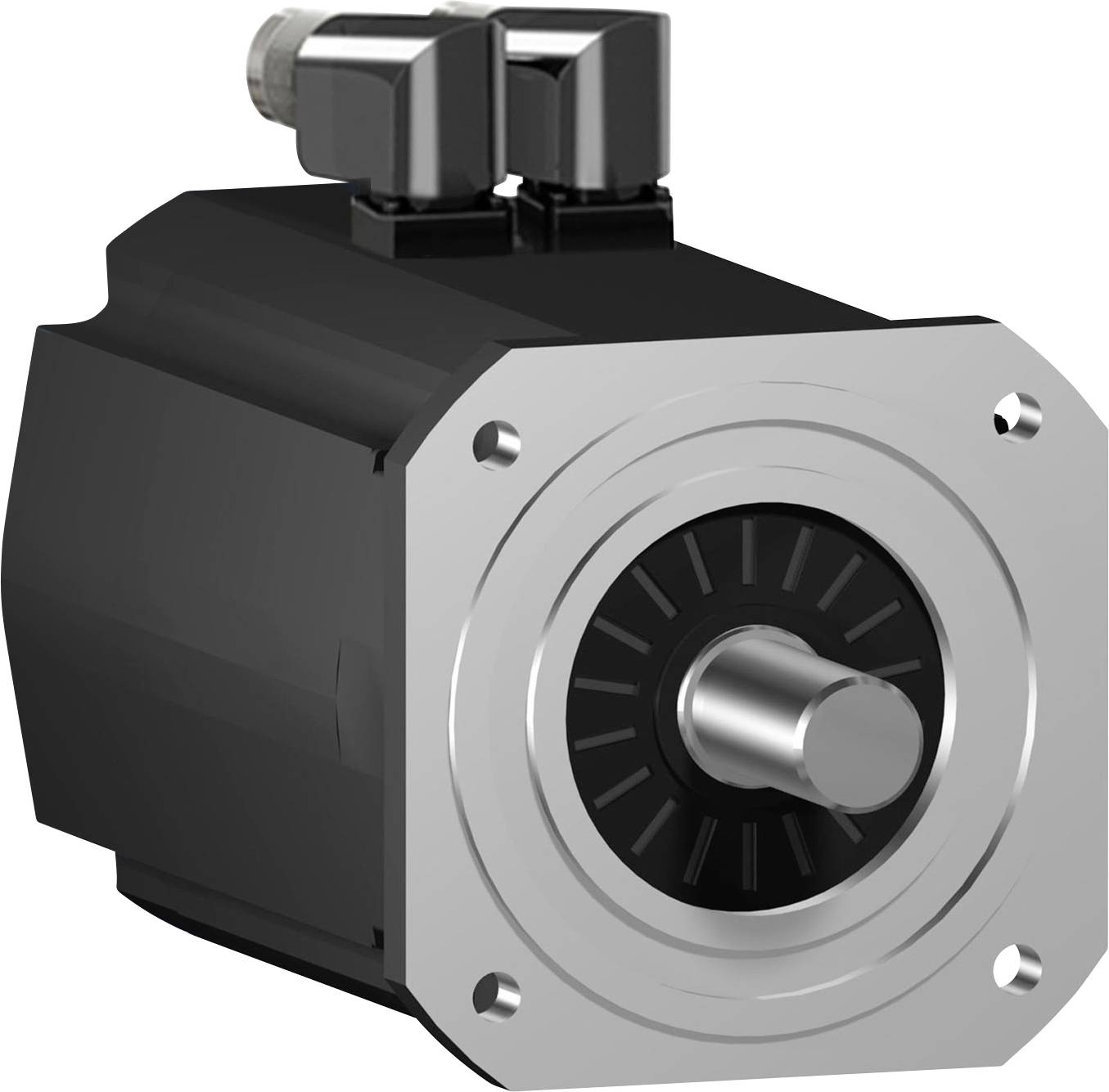 Nahaufnahme eines industriellen elektrischen Servomotors mit hervorstehendem Schaft und vorderer Montageplatte auf weißem Hintergrund.