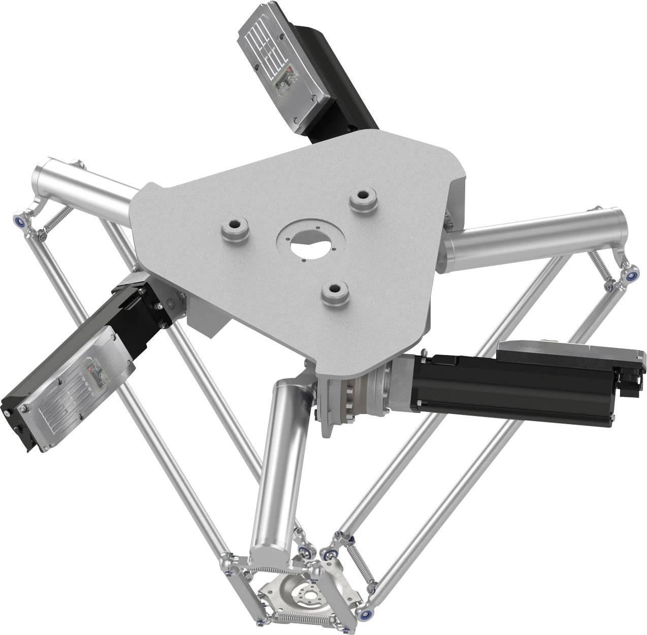 Industrieller Delta-Roboter-Arm mit drei linearen Aktuatoren und einer zentralen Platte, isoliert auf weißem Hintergrund dargestellt.