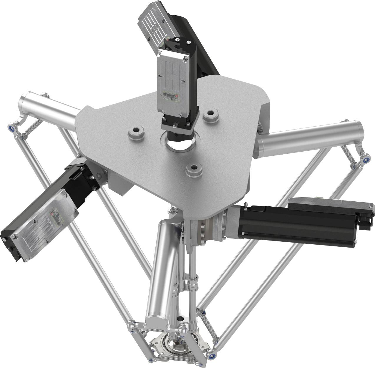 Draufsicht eines robotischen Parallellenker-Mechanismus mit drei motorisierten Aktuatoren und einer zentralen Montierungsplatte auf weißem Hintergrund.