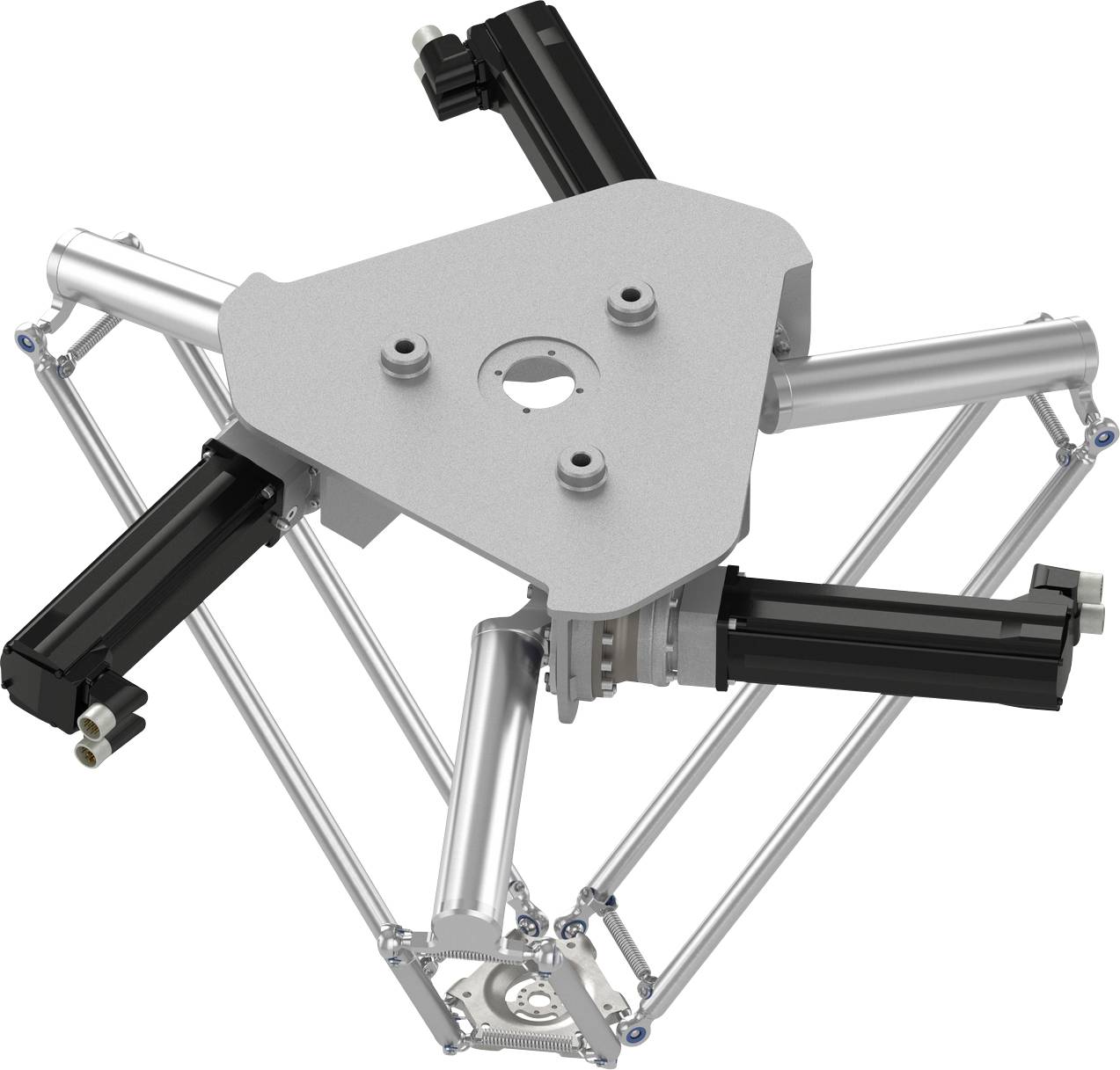Mechanischer Delta-Roboterarm mit drei linearen Aktuatoren und einer zentralen dreieckigen Plattform