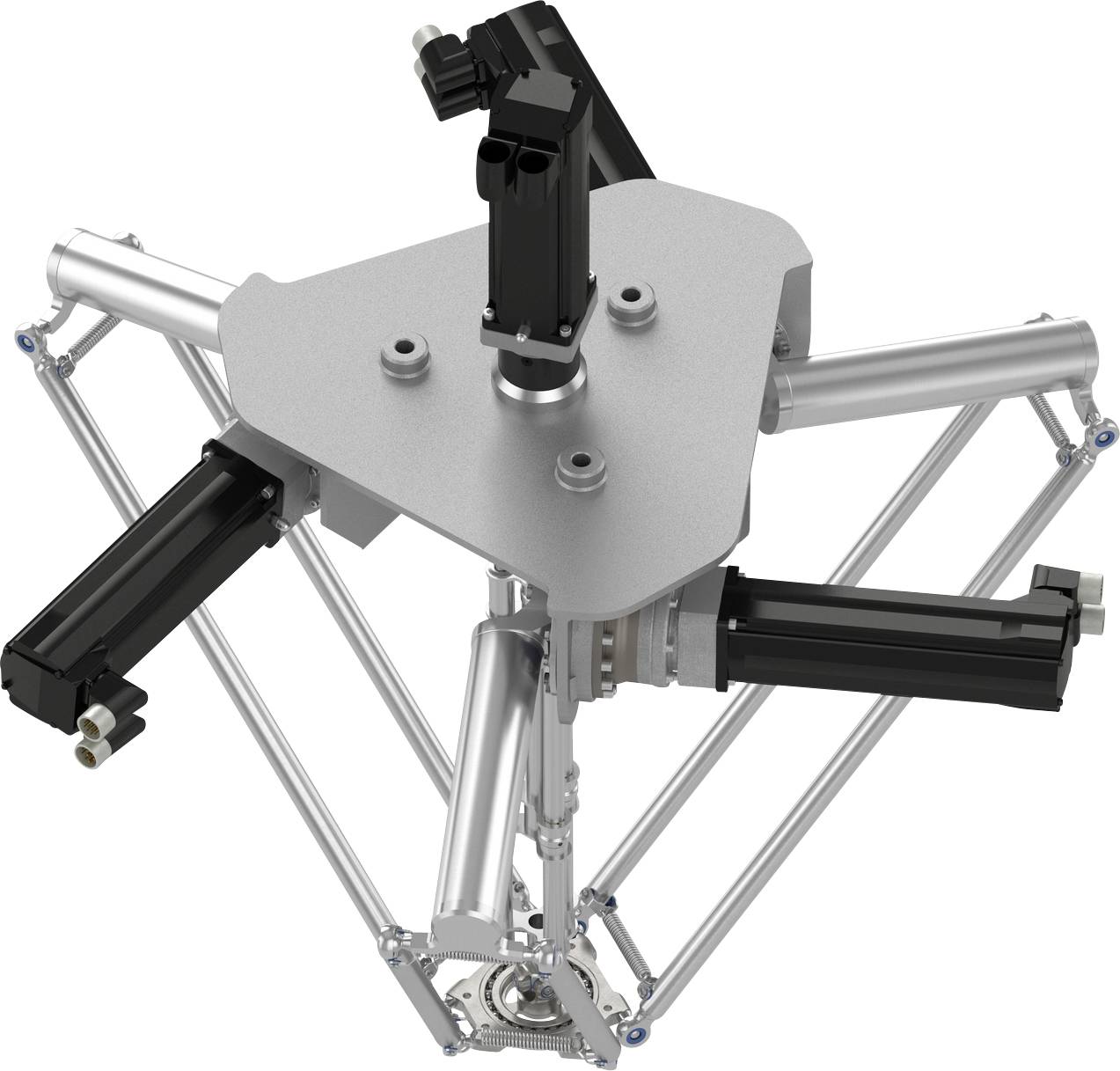 3D-Darstellung eines Delta-Roboters mit drei Arm-Aktuatoren und einem zentralen Effektor auf einer dreieckigen Oberplatte, isoliert auf weißem Hintergrund.