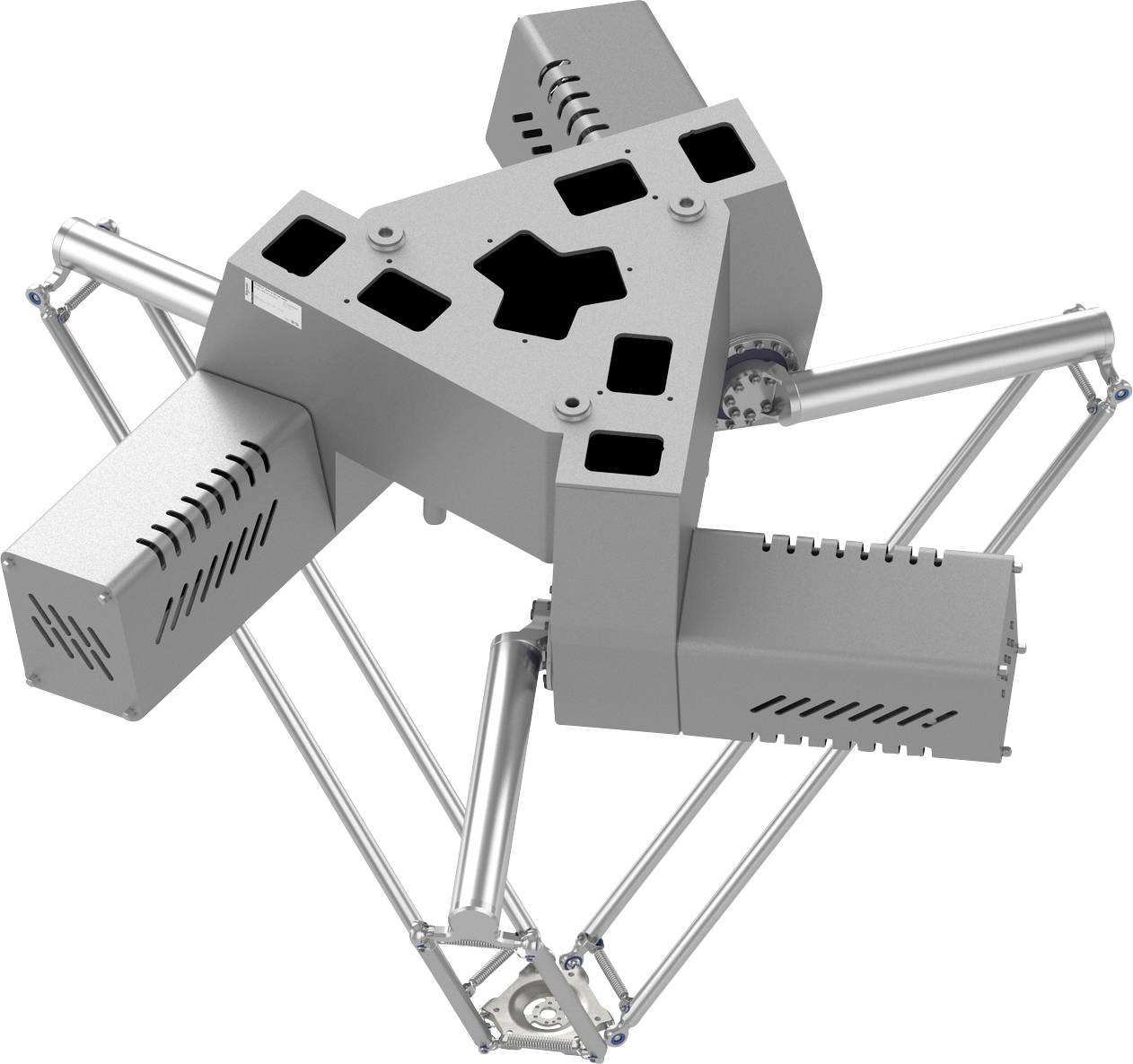 Dreibeiniger Robotermechanismus mit zentralem sechseckigem Körper und artikulierten Metallarmenen, dargestellt in einer 3D-technischen Darstellung.
