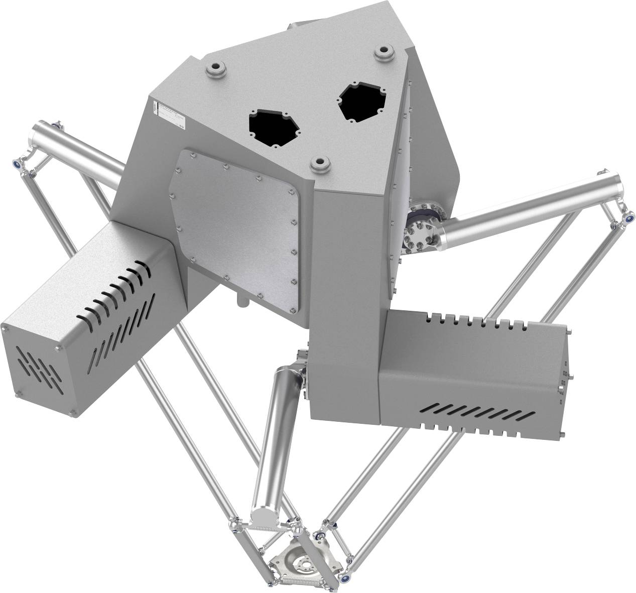 Graue roboterhafte spinnenartige Maschine mit mehreren gelenkigen Metallbeinen und zwei kastenförmigen Sensor- oder Werkzeugmodulen, gezeigt auf weißem Hintergrund.