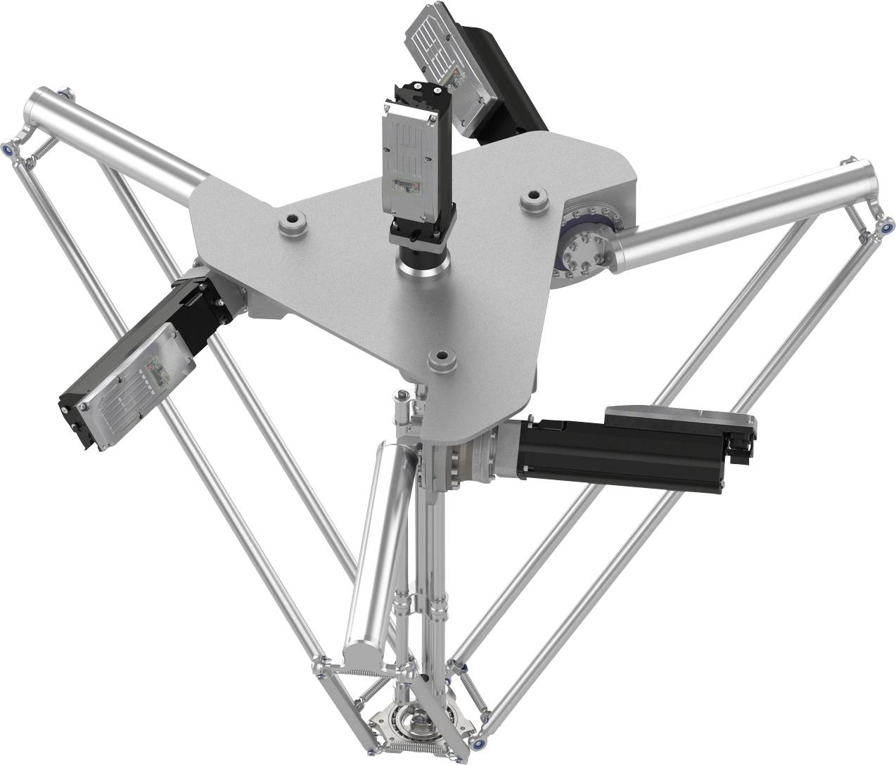 Industrieller Delta-Roboter mit drei Gelenkearmen und zentraler dreieckiger Oberplatte, dargestellt in einer technischen Illustration mit weißem Hintergrund.