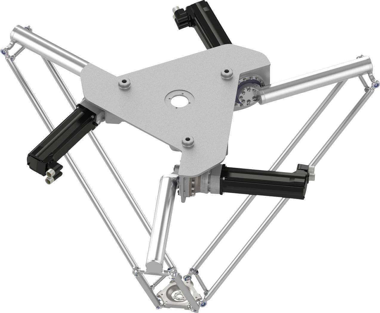 Ein Delta-Roboter-Mechanismus mit drei Gelenkarm und einer dreieckigen Oberplatte, dargestellt in einer technischen Produktvisualisierung auf weißem Hintergrund.