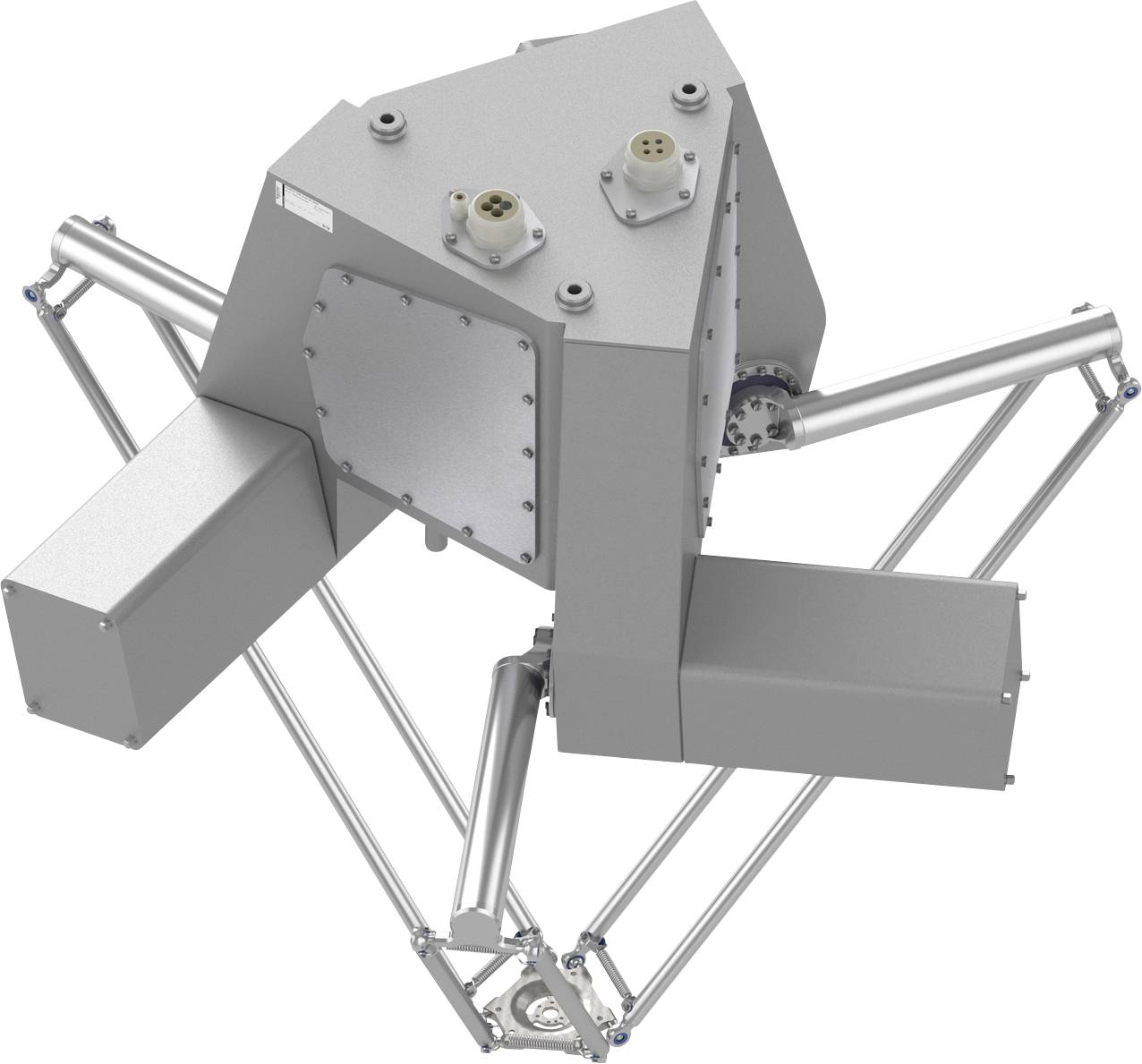 3D-Rendering eines grauen, kastenförmigen mechanischen Roboters mit mehreren röhrenförmigen Beinen und Armen, dargestellt isoliert auf weißem Hintergrund.