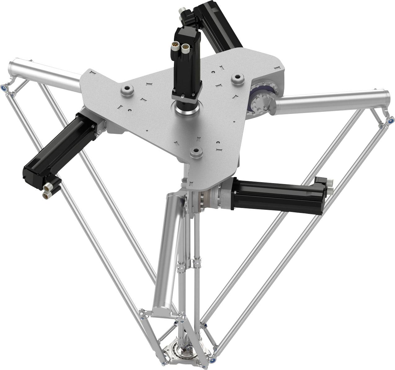 Industrieller Delta-Roboter mit drei motorisierten Armen, die auf einer zentralen dreieckigen Oberplatte und einem vertikalen Rahmen montiert sind.