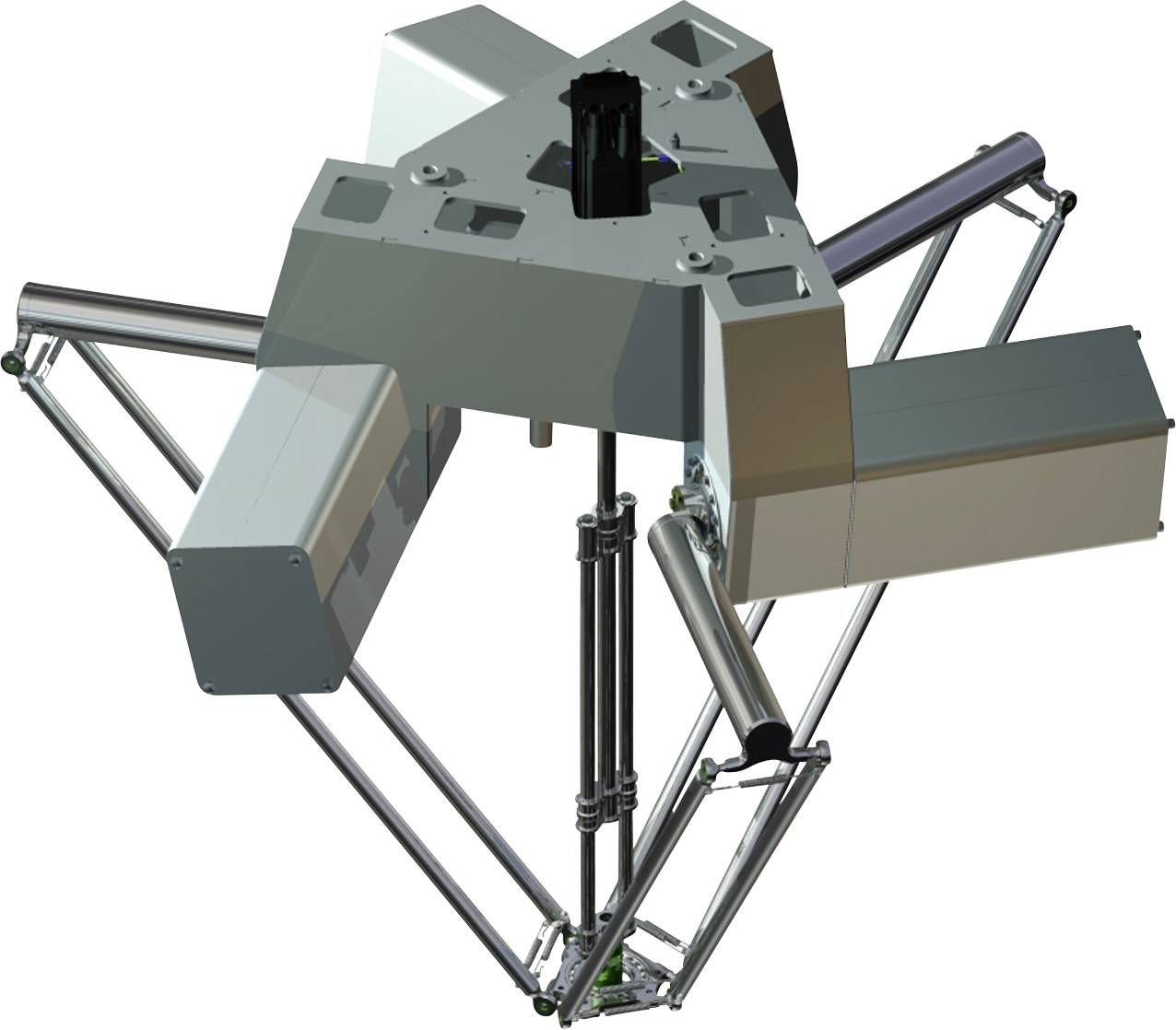 Metallische Hexapod-Roboterplattform mit zentraler Oberflächenbefestigung und sechs artikulierten Stützarmen auf weißem Hintergrund.
