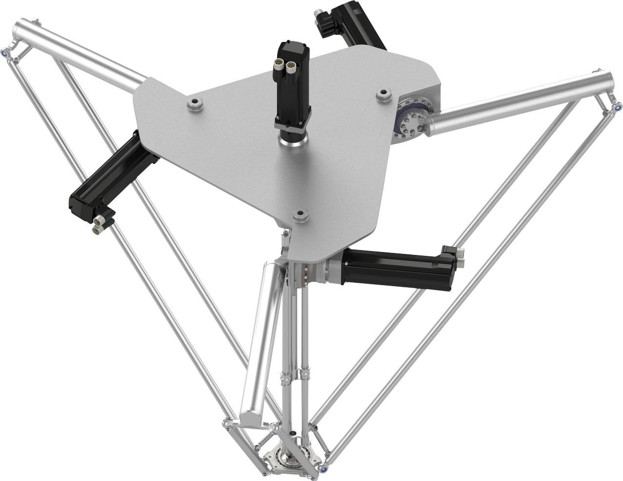 Metallischer Delta-Roboter mit drei artikulierten Armen und einer dreieckigen Oberplatte, isoliert auf weißem Hintergrund dargestellt.