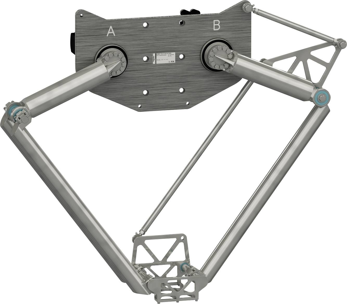 Mechanische Gelenkkonstruktion mit zwei gekennzeichneten Drehpunkten A und B, die durch Metallarme und Streben auf weißem Hintergrund verbunden sind.