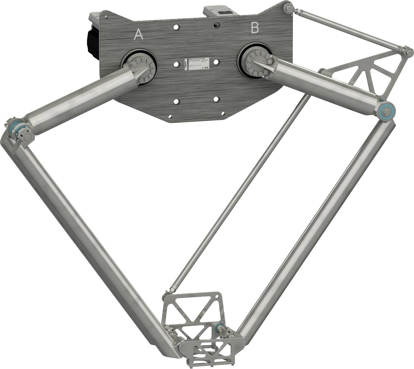 Prototyp einer mechanischen Verbindung mit zwei oberen Drehpunkten mit den Bezeichnungen A und B, verbunden durch dreieckige Arme mit einem unteren Gelenk, zeigt einen kinematischen Armmechanismus.