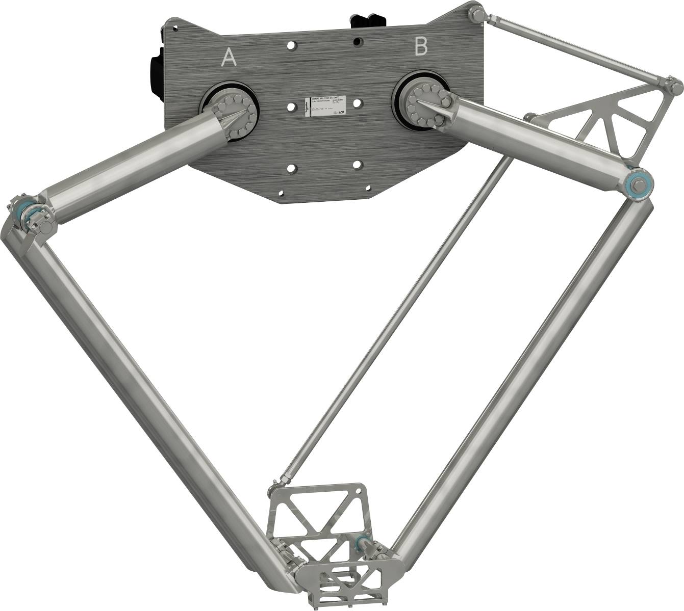 Mechanische Gestängeeinheit mit zwei oberen Drehpunkten mit den Bezeichnungen A und B, verbunden durch abgewinkelte Arme, die einen dreieckigen Rahmen bilden.