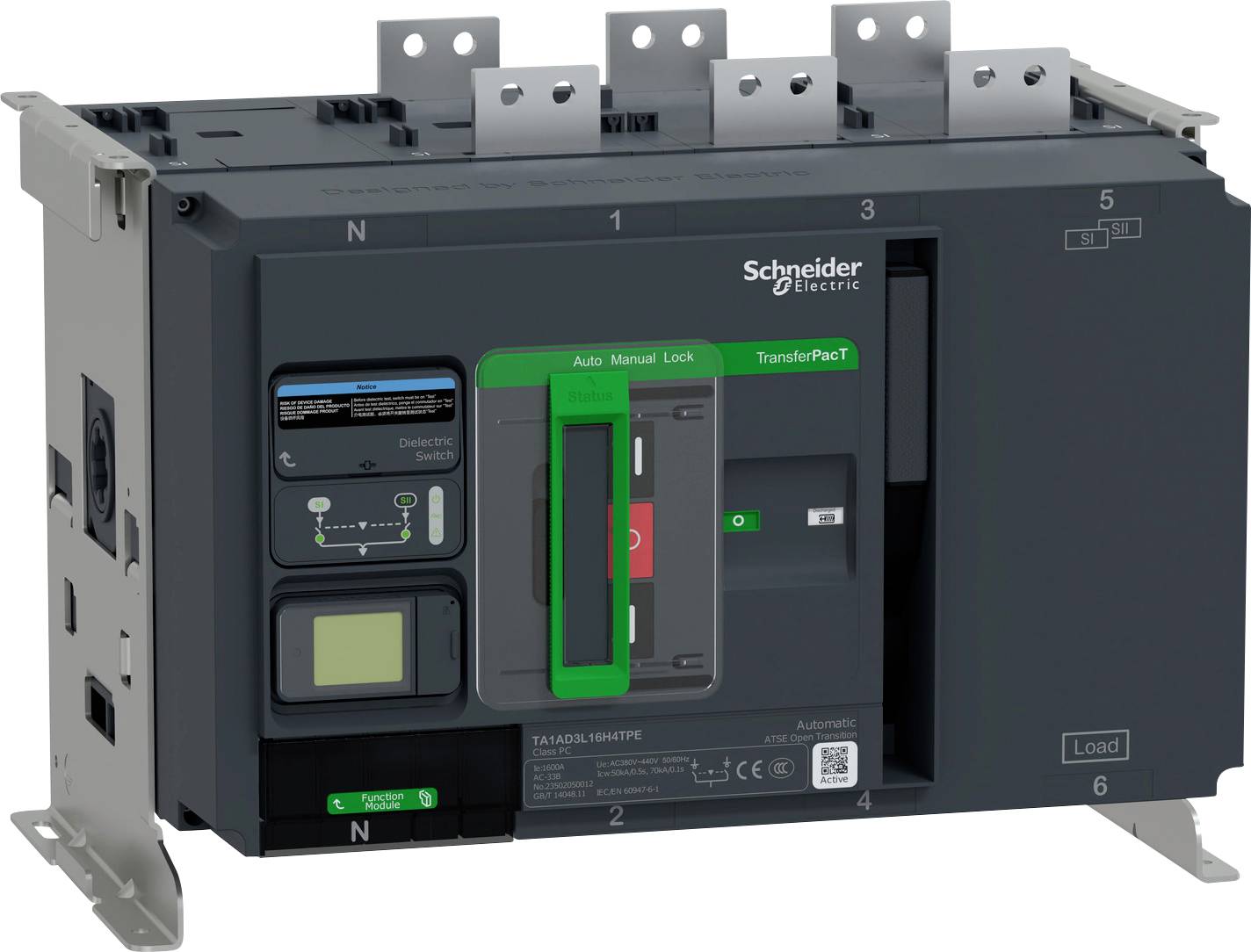 Schneider Electric Umschalter mit digitalem Display und manuellen/automatischen Bedienelementen zum Umschalten elektrischer Lasten.