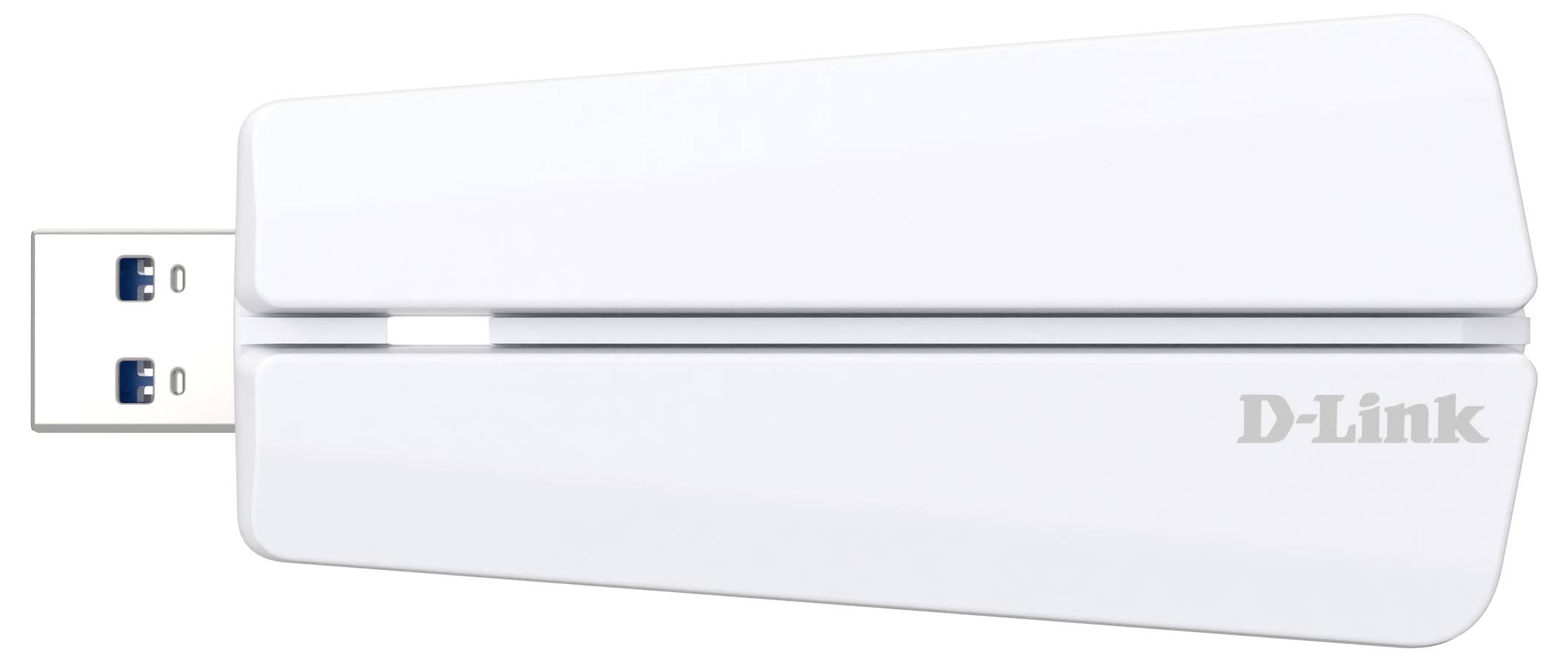 Weißer D-Link USB-Wireless-Adapter-Dongle mit Kappe, gezeigt in Seitenansicht auf weißem Hintergrund.