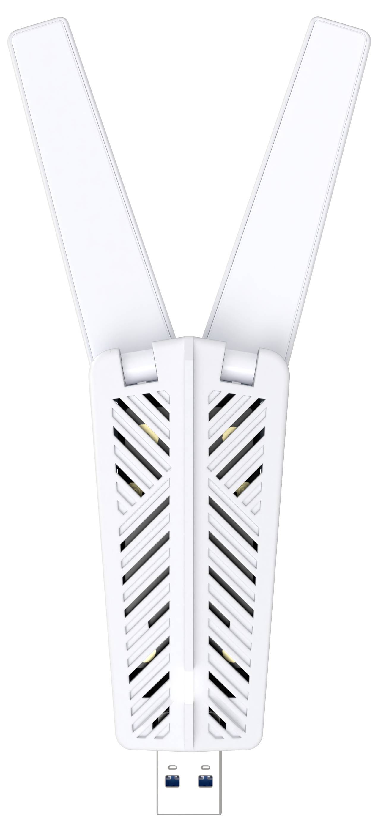 Weißer USB-Ventilator mit zwei durchsichtigen Blättern und belüftetem zentralem Gehäuse, Frontansicht auf weißem Hintergrund gezeigt.