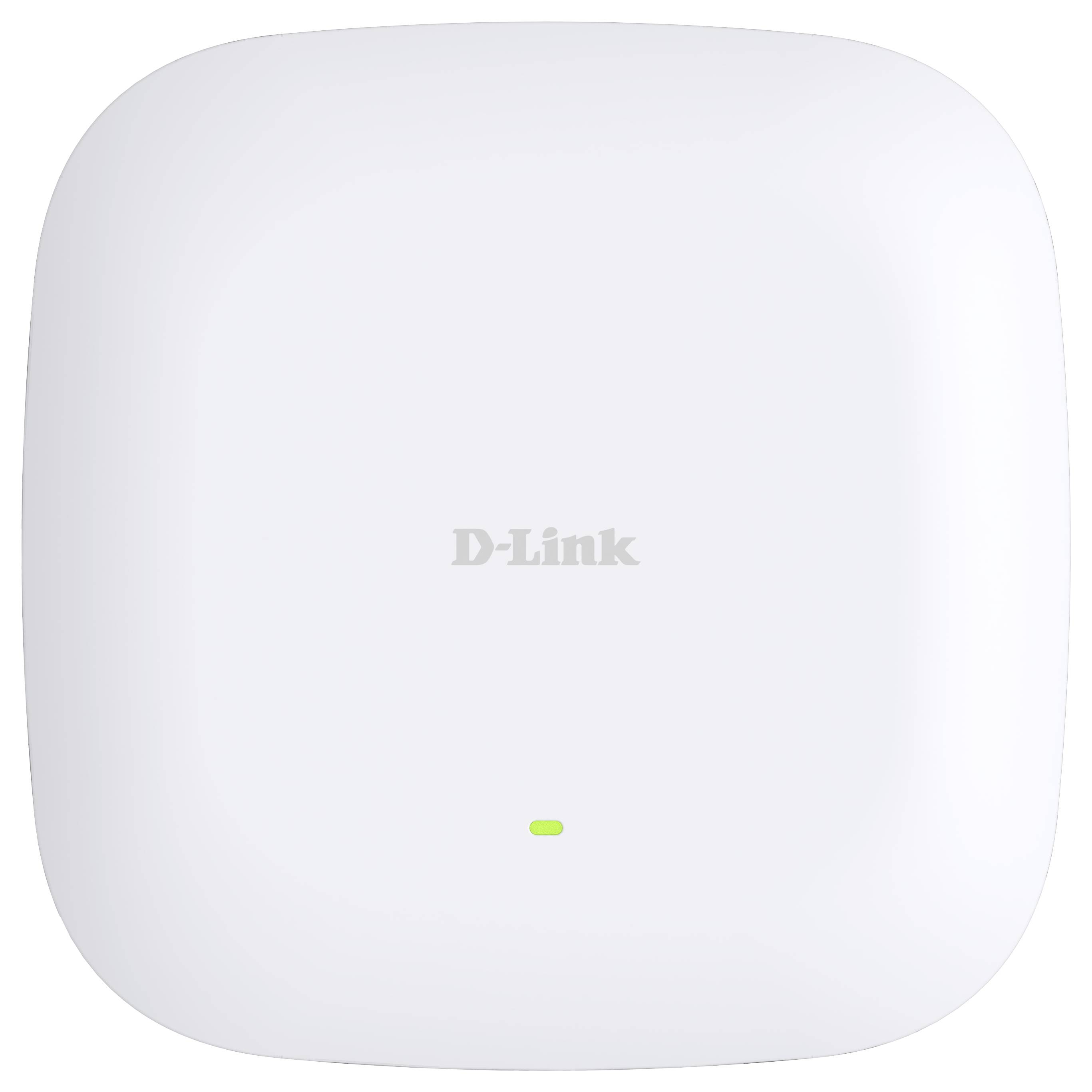 Weißer D-Link Wireless Access Point mit einem kleinen grünen Statuslicht, das in der Nähe des unteren Randes zentriert ist.