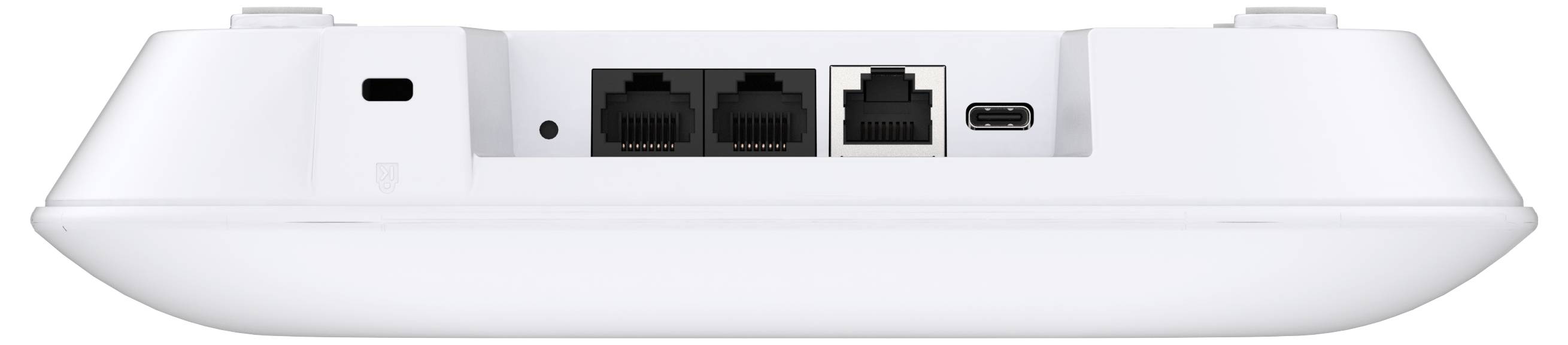 Rückansicht eines weißen kabellosen Routers mit Anschlüssen für Ethernet, Telefon, USB-C-Stromversorgung und einer Zurücksetzen-Taste.