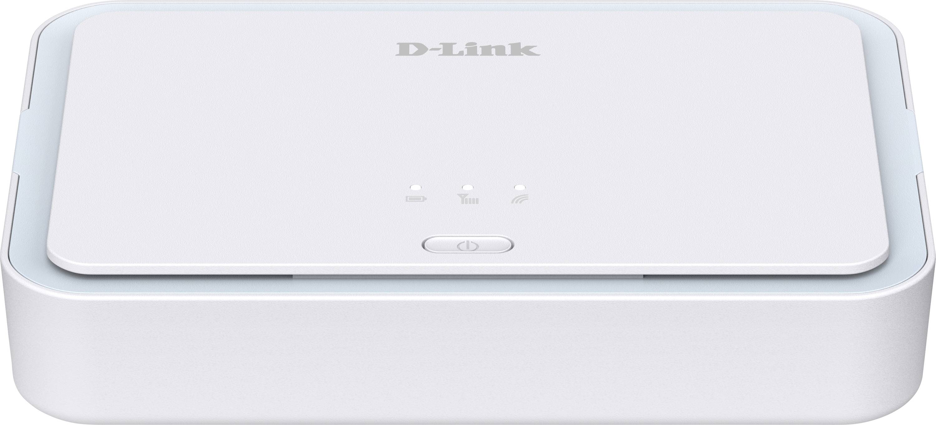 Weißes D-Link-Netzwerkgerät mit abgerundeter rechteckiger Form, obere LEDs und eine vordere Stromtaste auf einfachem weißem Hintergrund.