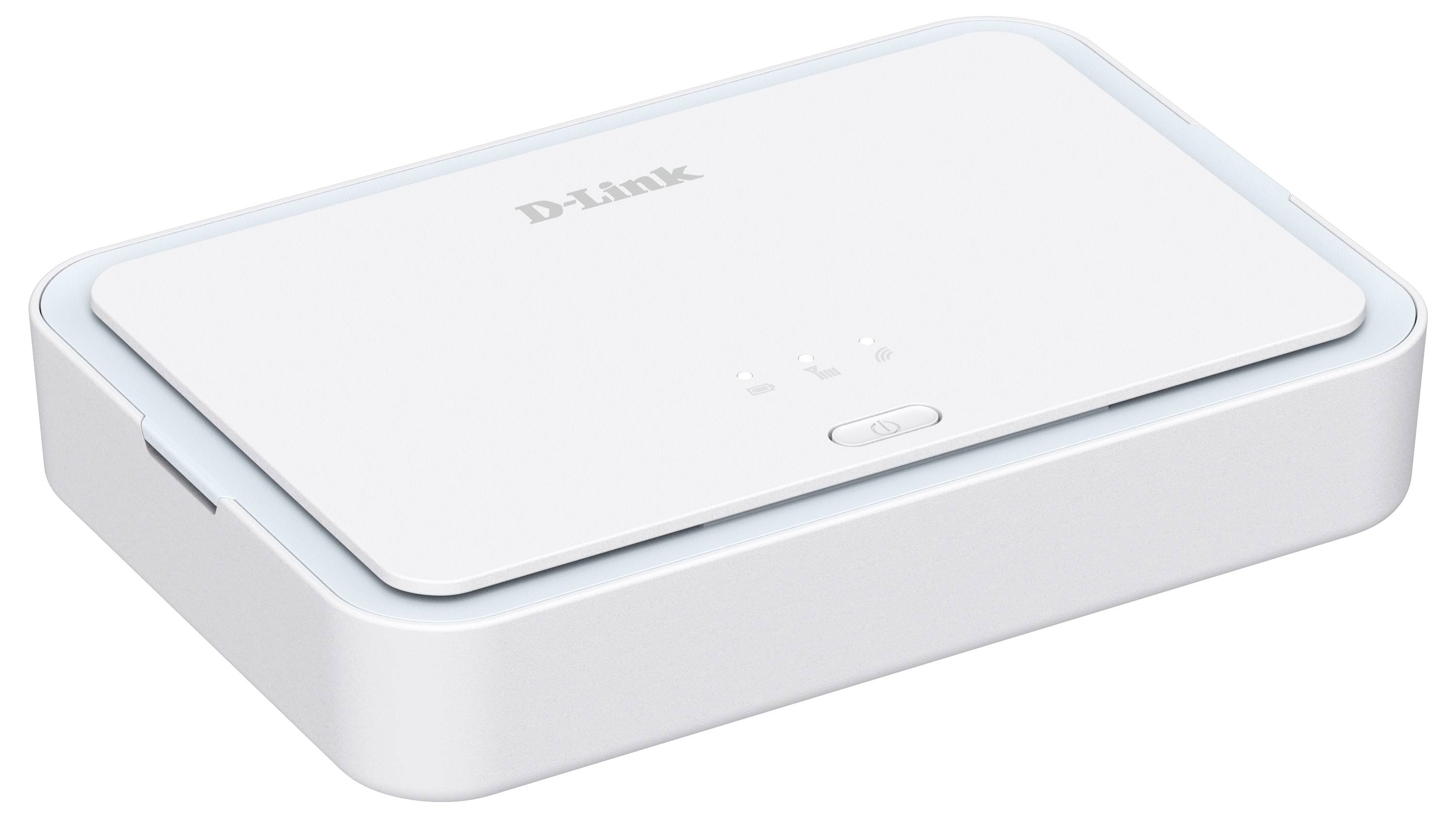 Weißes D-Link-Netzwerkgerät oder Router mit einer einzelnen Fronttaste und Kontrollleuchten, dargestellt in einer produktstilisierten Schrägansicht.