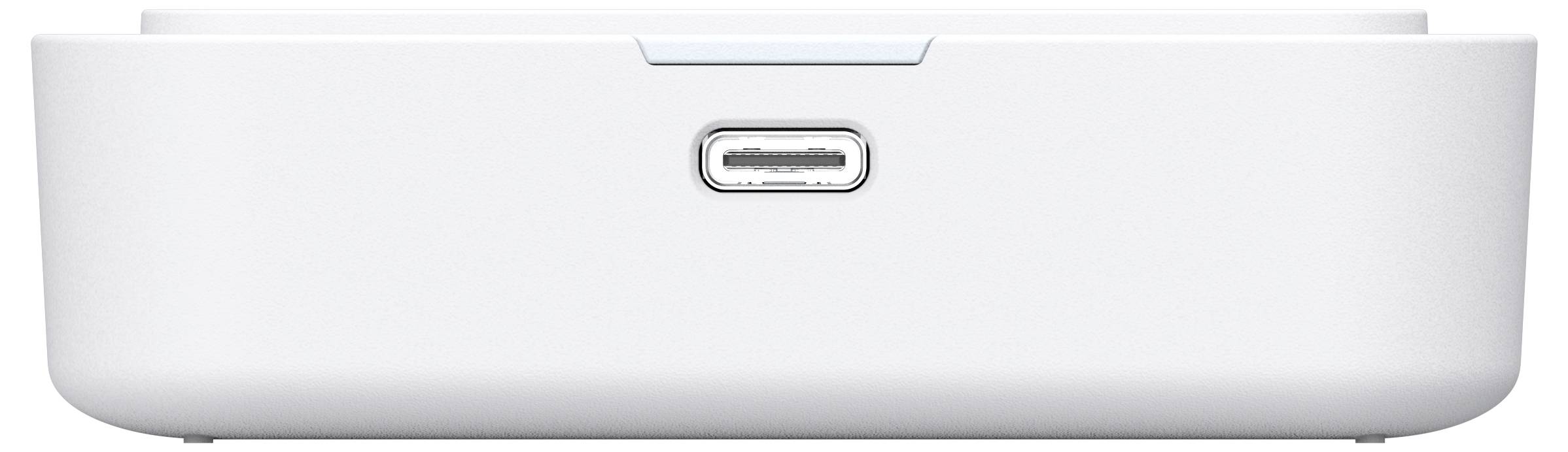 Vorderansicht eines weißen elektronischen Docks oder Lautsprechers mit zentriertem USB-C-Anschluss und abgerundeter Basis.