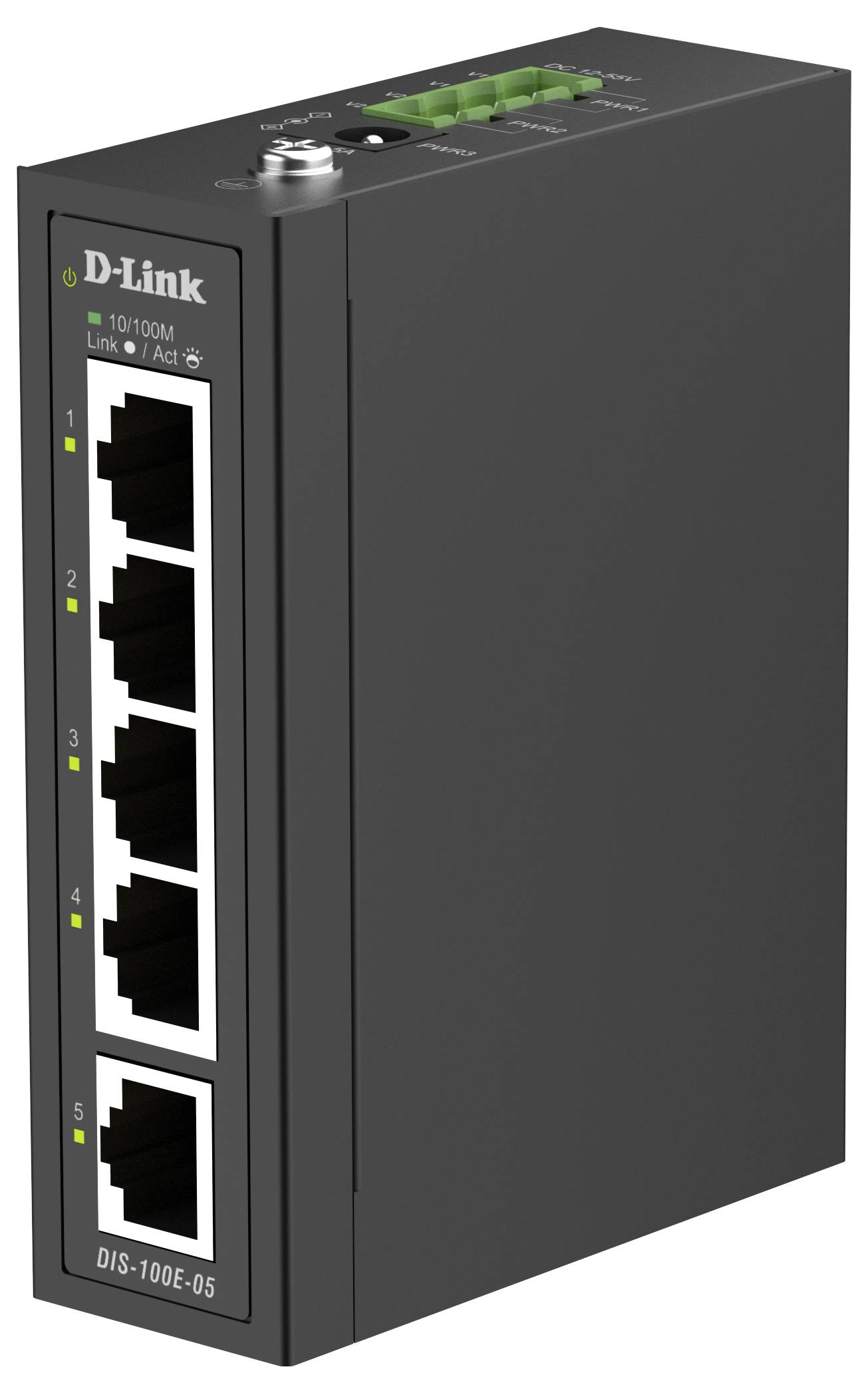 Schwarzer D-Link Industrial Ethernet-Schalter mit fünf vorderen Anschlüssen und Status-LEDs, Modell DIS-100E-05.