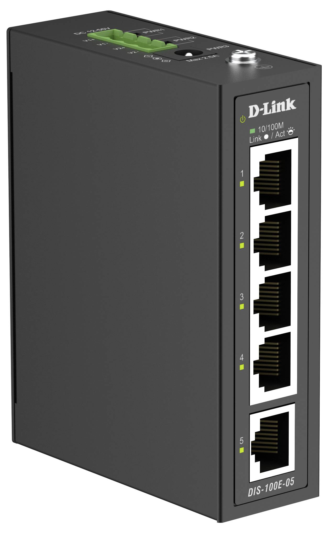 Schwarzer D-Link 5-Port-Ethernet-Switch mit nummerierten Netzwerkports und Statusleuchten