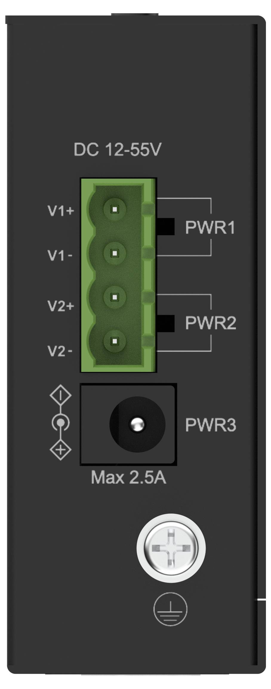 Diagramm eines Stromeingangsmoduls mit Klemmleisten, die mit DC 12-55V, V1+, V1-, V2+, V2-, PWR1, PWR2, PWR3, max 2,5A und Masse gekennzeichnet sind.
