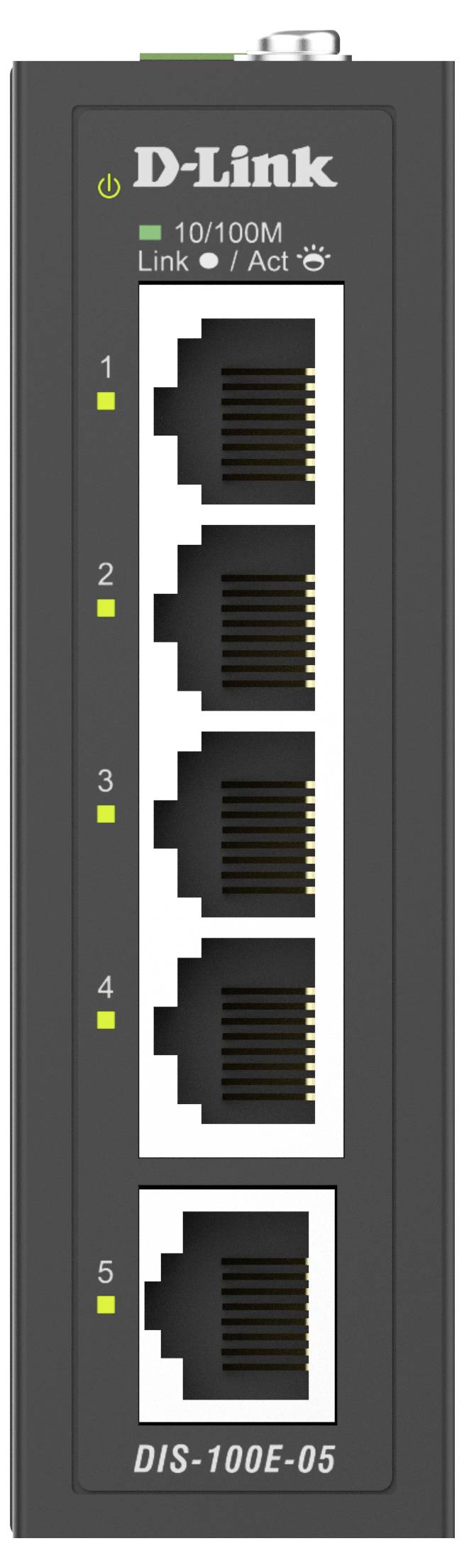 Frontansicht eines D-Link DIS-100E-05 Industrial-Ethernet-Switches mit fünf nummerierten RJ45-Anschlüssen und Link-/Aktivitäts-LEDs.
