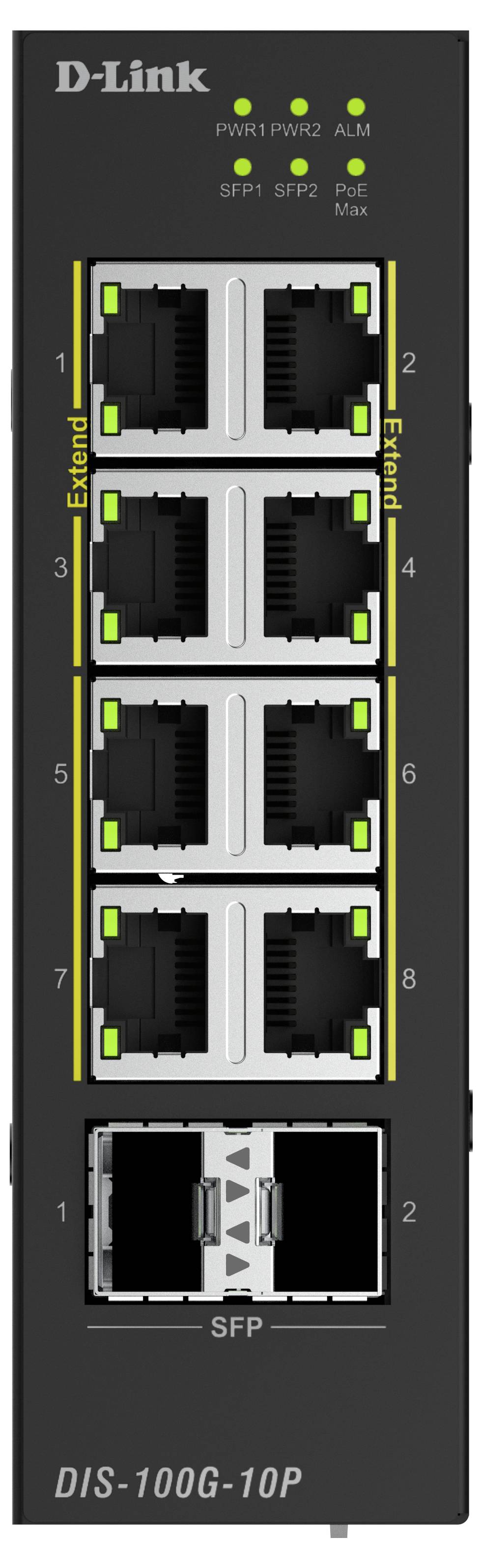 Vorderansicht eines D-Link DIS-100G-10P Switches mit 8 beschrifteten Kupferports in vier gestapelten Paaren und 2 SFP-Ports unten, mit Status-LEDs oben.