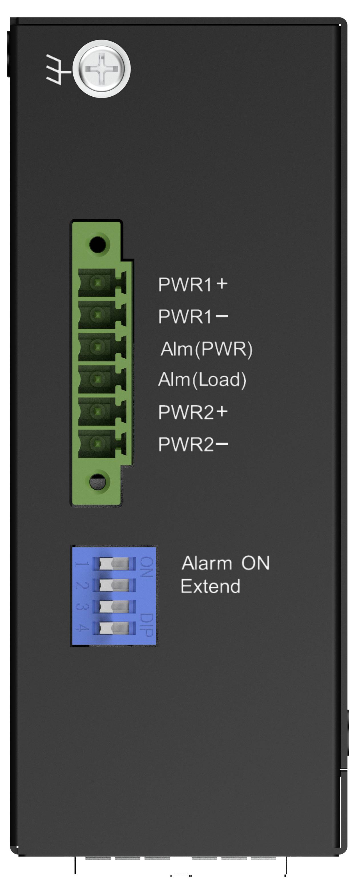 Frontplatte des industriellen Stromversorgungsmoduls mit grünem Klemmenblock mit den Beschriftungen PWR1+, PWR1-, Alm(PWR), Alm(Load), PWR2+, PWR2- und blauen Schaltern mit den Beschriftungen Alarm EIN, Erweitern.