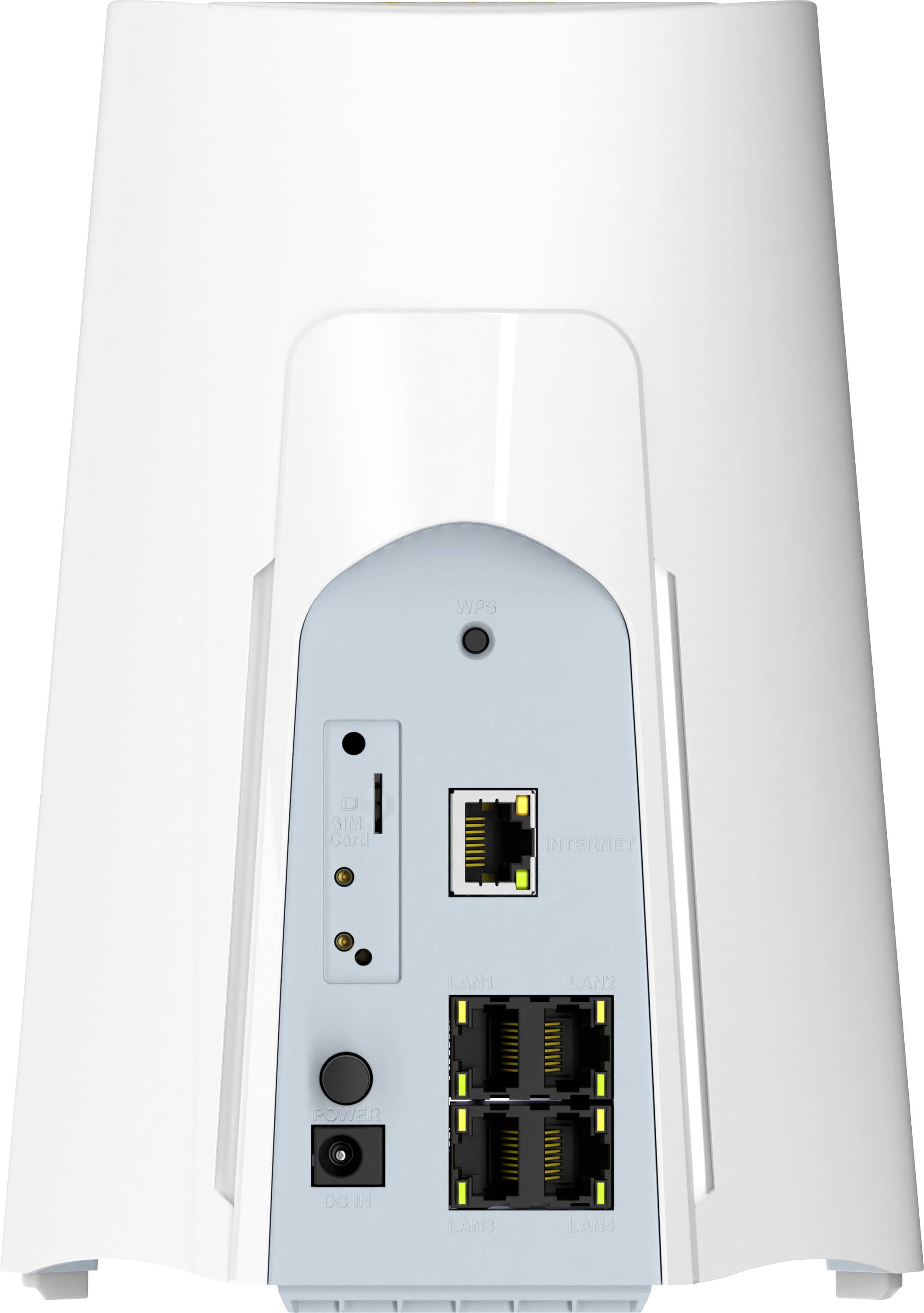 Rückansicht eines weißen Netzwerk-Routers mit sichtbaren Strom-, Reset-, USB- und Ethernet-Anschlüssen auf einer blauen Rückseite.