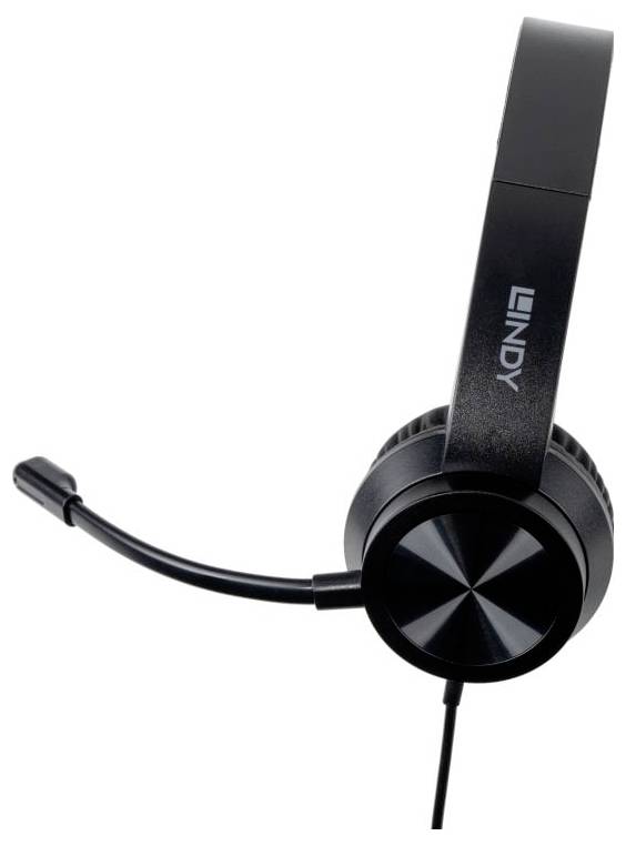 Schwarzes Over-Ear-Headset mit Boom-Mikrofon, vor weißem Hintergrund abgebildet, mit der Marke „Lindy