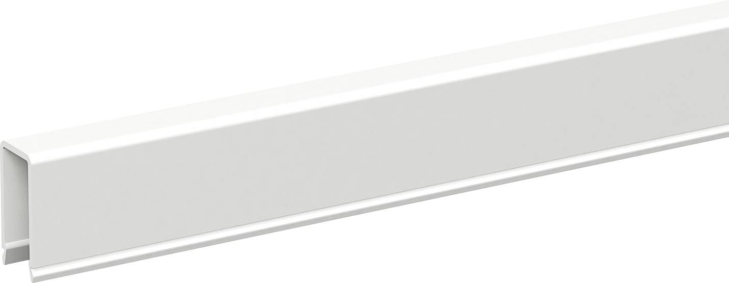 Weiße Metallkabeltrasse mit abnehmbarem Deckel, perspektivisch auf neutralem Hintergrund dargestellt.