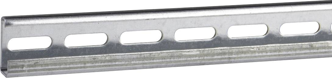 Ein silbernes Metallprofilstück mit länglichen ovalen Schlitzen, in Nahaufnahme vor weißem Hintergrund dargestellt.