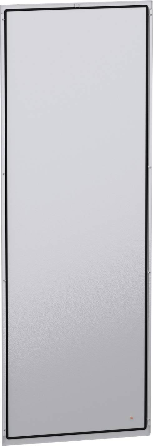 Ein großes, schlichtes graurektangulares Panel oder eine Tür mit schwarzem Rahmen, frontal vor weißem Hintergrund dargestellt.