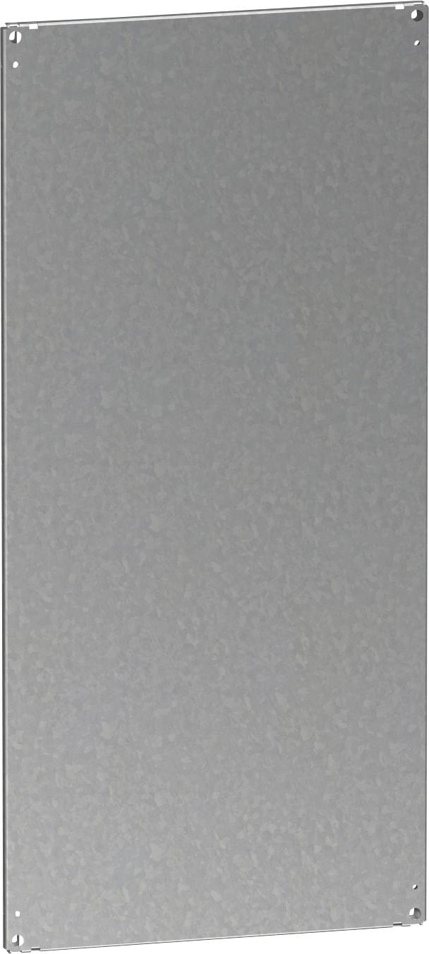 Flaches graues Metallpaneel mit abgerundeten Ecken und kleinen Eckbefestigungen, aufrecht vor weißem Hintergrund dargestellt.