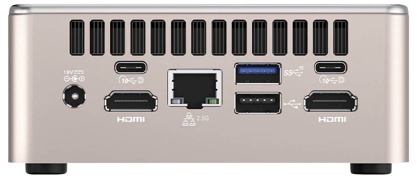 Rückansicht eines kompakten Computers mit Belüftungsschlitzen, Stromanschluss, USB-Anschlüssen, Ethernet, Dual-HDMI und USB-C-Anschlüssen.