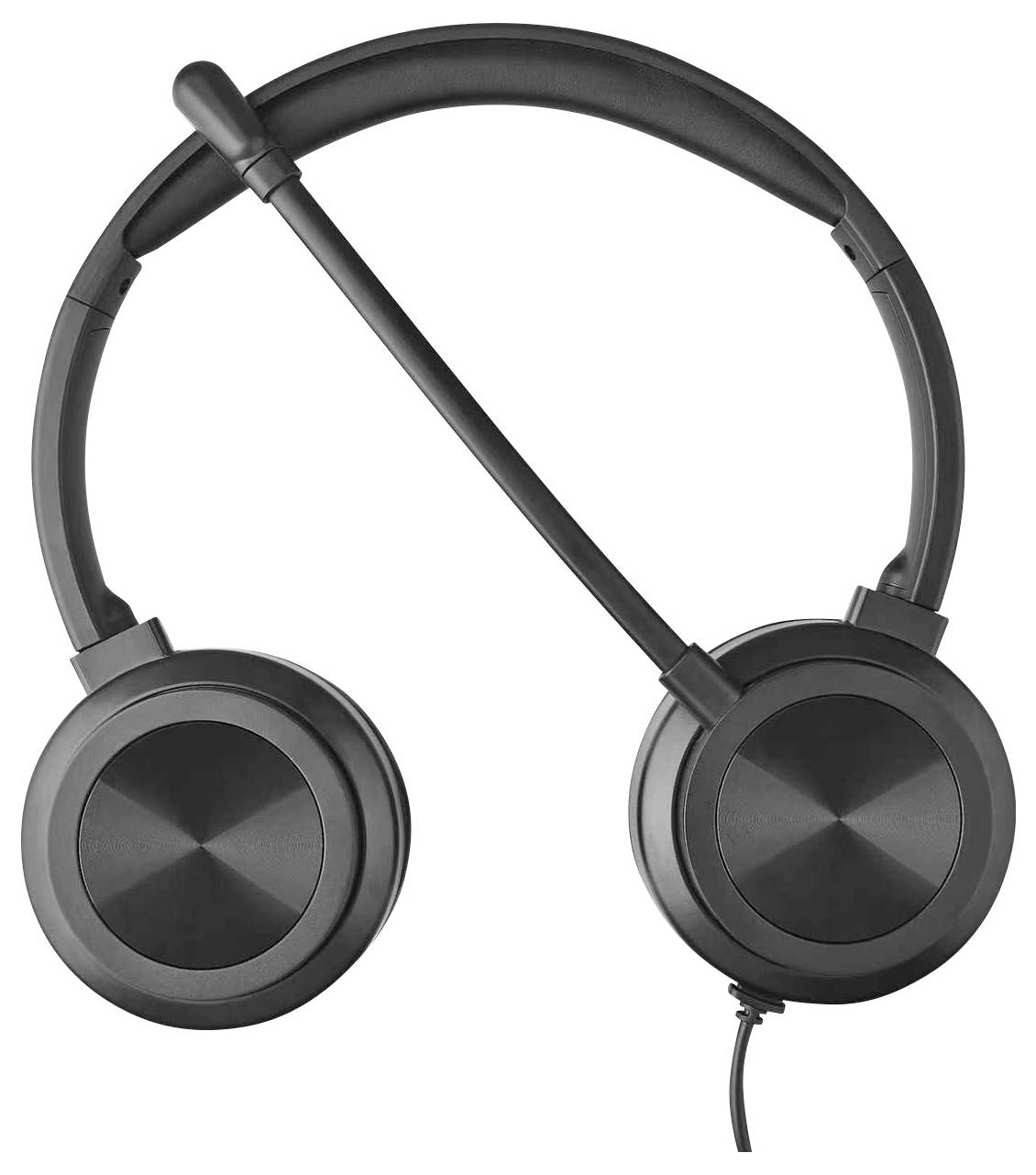 Schwarze Over-Ear-Kopfhörer mit einem Kopfbügel und einem vom rechten Ohrmuschel hängenden Kabel, gezeigt auf weißem Hintergrund.