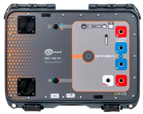 Frontansicht eines Sonel MZC-340-PV-Messinstruments mit mehreren Eingängen, Bedienelementen und CAT IV 1000 V-Kennzeichnung.