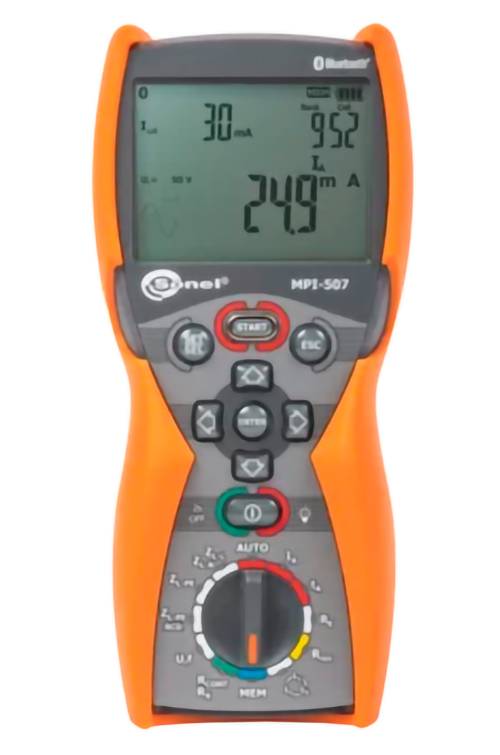 Digitale Stromzange mit orangem Gehäuse, die auf dem Display eine Stromablesung von 249 mA anzeigt.