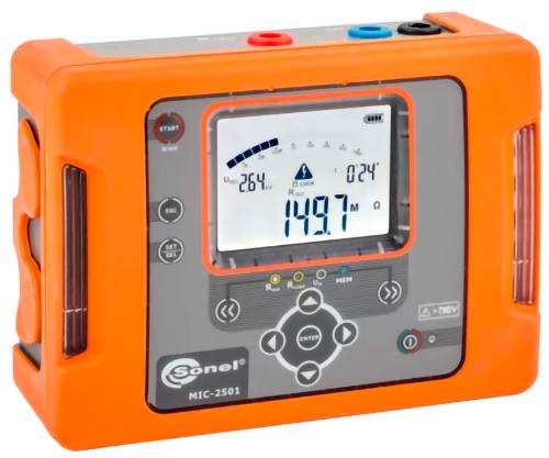 Orange Sonel MIC-2501 Isolationsprüfer mit digitaler Anzeige, die eine Messung von 1497 MΩ anzeigt, und Bedienungstasten.