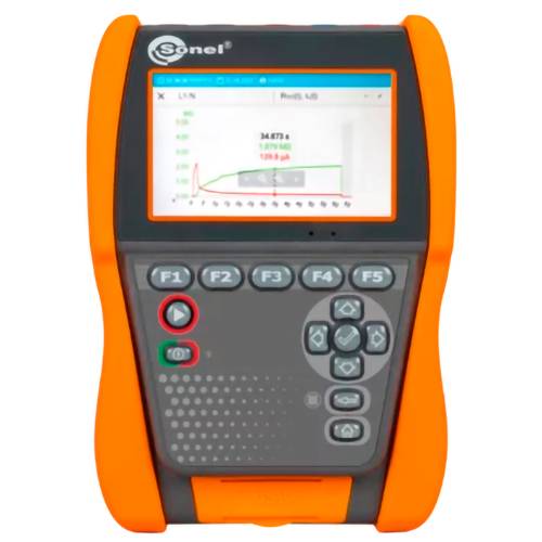 Orange und grau Sonel tragbares Testmessgerät mit Bildschirm, der ein Messgraph anzeigt, und physischen Funktionstasten.