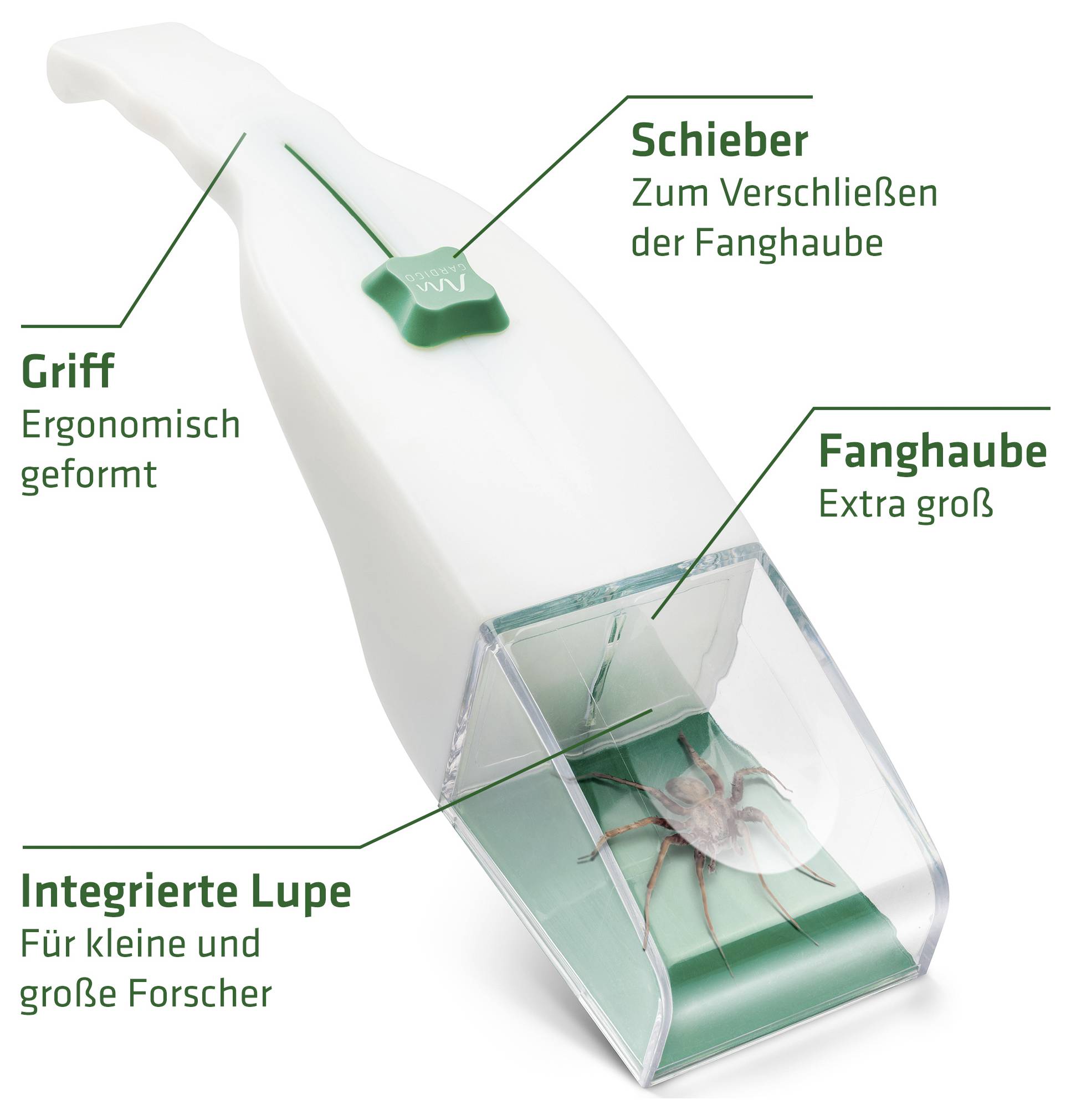 Insektenfanggerät mit Lupe und Schieber; beschriftete Teile zeigen ergonomischen Griff, extra große Fanghaube und integrierte Lupe für kleine und große Forscher.