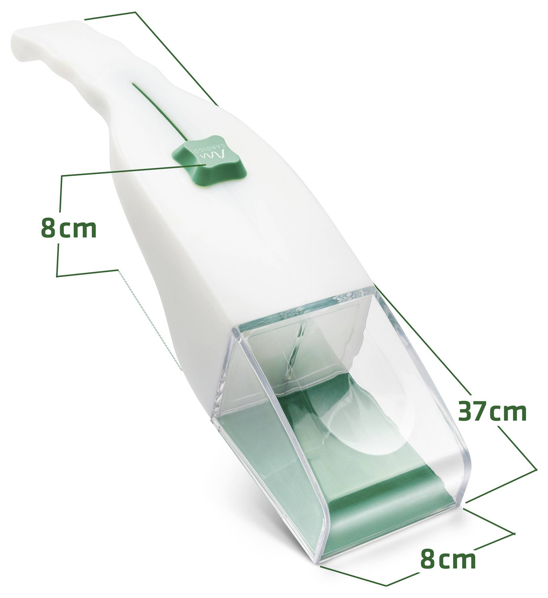 Weiß gehaltenes tragbares Reinigungswerkzeug in perspektivischer Ansicht mit beschrifteten Abmessungen von 37 cm Länge und 8 cm Breite/Höhe, mit durchsichtigem Vordertank und grünem Bedienknopf.