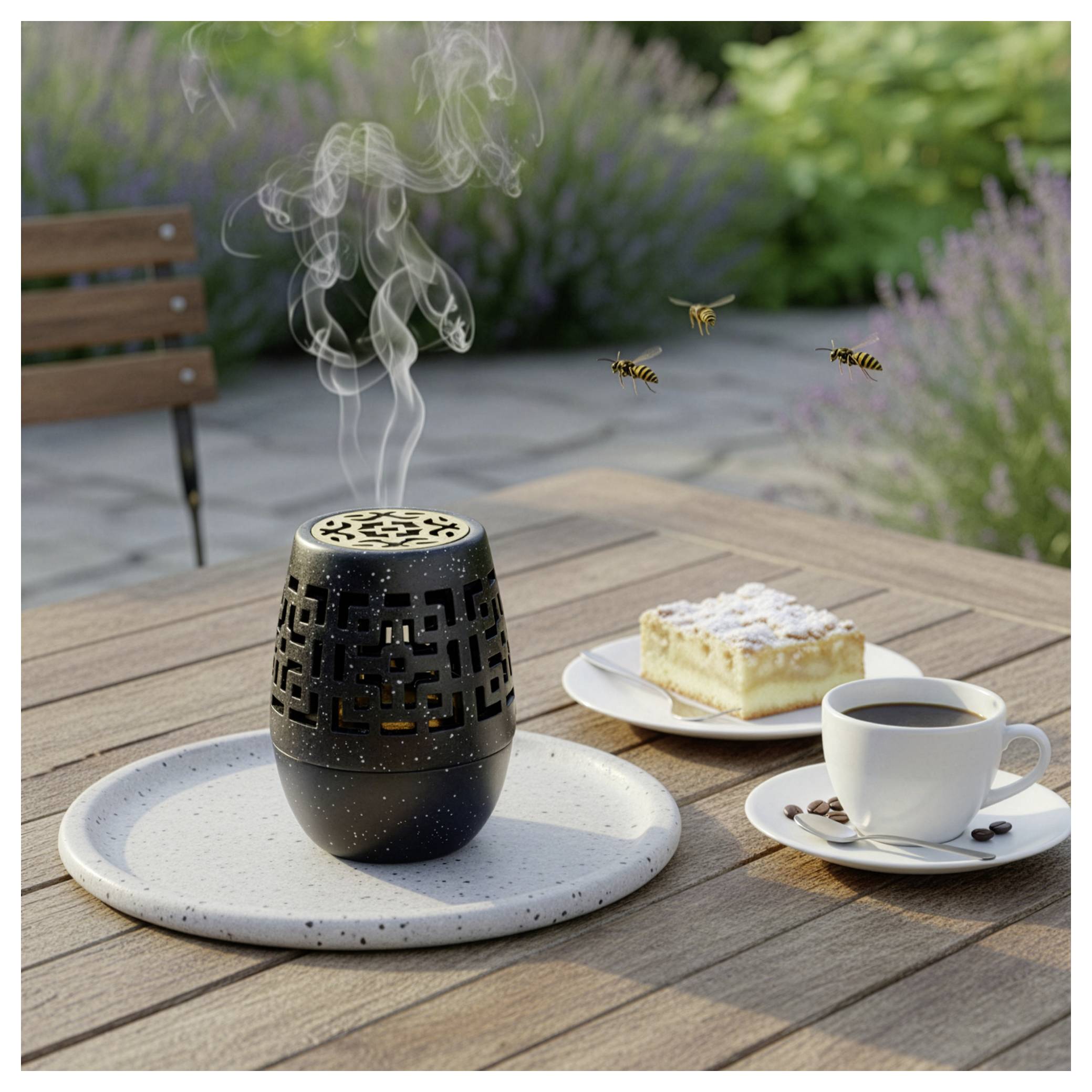 Outdoor-Tisch mit einem brennenden Mückenschutzmittel, das Rauch abgibt, daneben Kaffee und ein Stück Kuchen, mit Bienen in der Nähe.