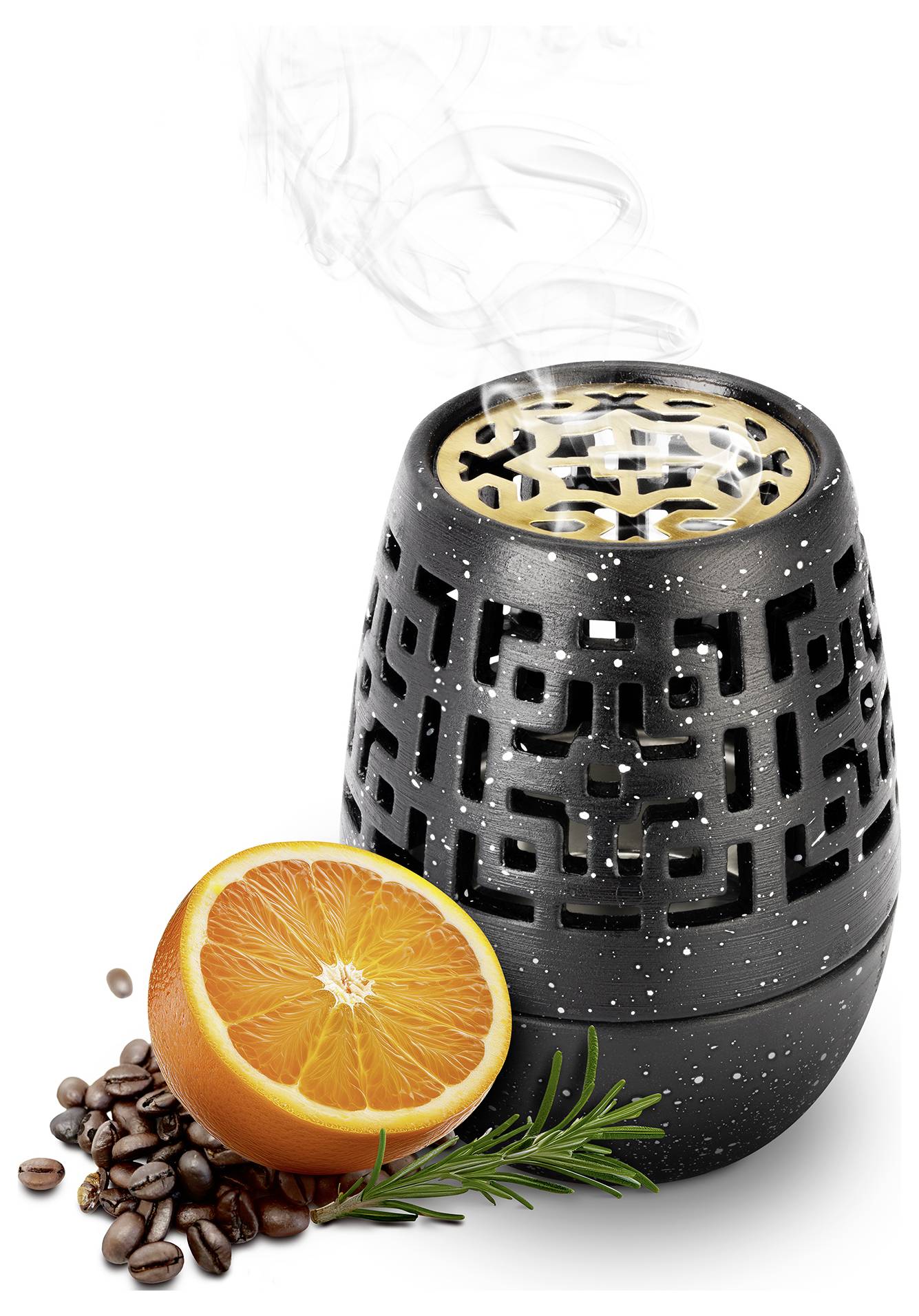 Schwarzer Keramikdiffusor oder Brenner, der dampft, mit einer Orangenscheibe, Kaffeebohnen und einem Rosmarinzweig an der Basis.